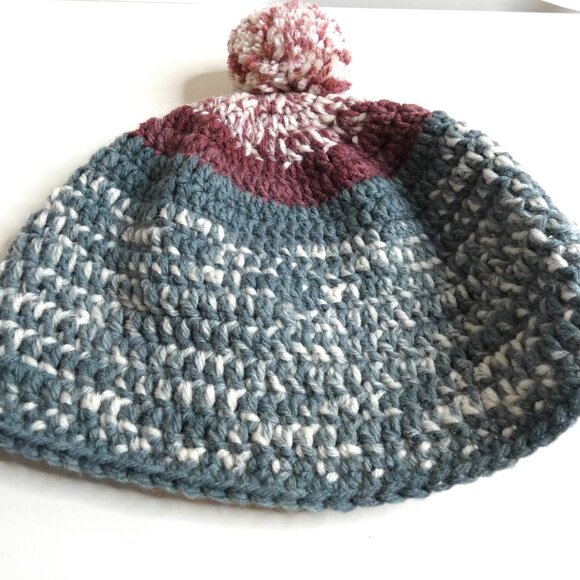 Wool Beanie OS 8" Skull Cap Unisex Handmade Crochet Hand Knit Winter Warm w/ Pom - Picture 7 of 9
